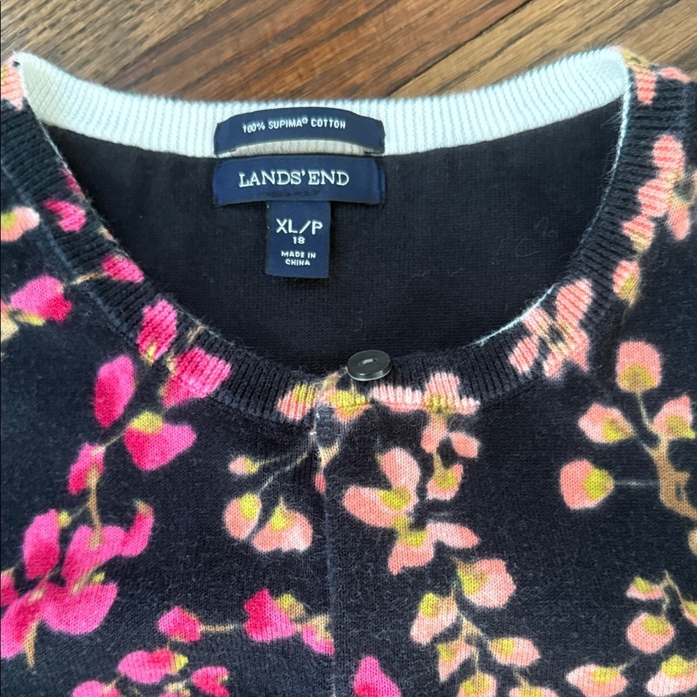 Lands' End Women's Black Cardigan with Pink and Orange Floral - Picture 9 of 9